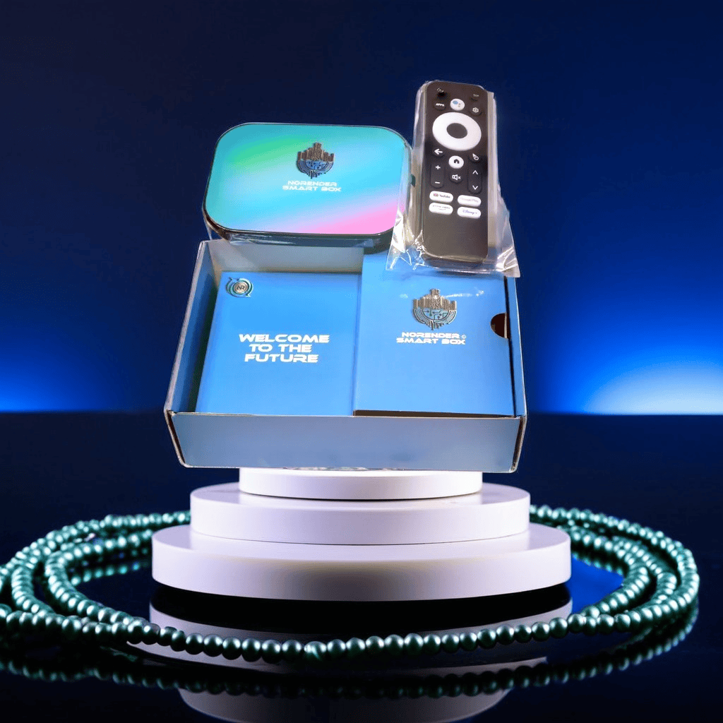 N0RENDER Smart Box with its remote and premium packaging reading Welcome to the Future
